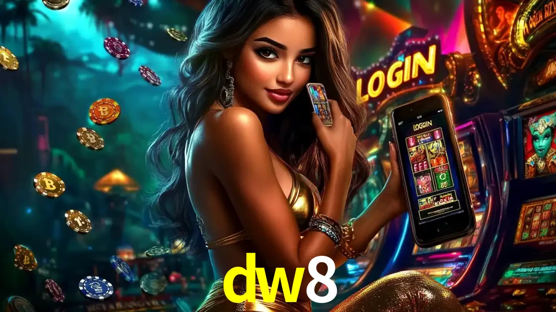 Mulher em um cenário de cassino temático de aventura, mostrando o app de caça-níqueis da dw8 no celular. Fichas de apostas flutuam ao redor.