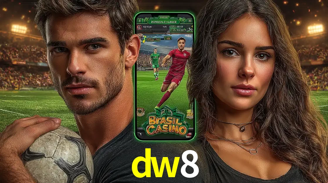 Homem segurando uma bola de futebol e uma mulher ao lado de um smartphone exibindo o jogo de apostas esportivas da dw8. Faça seu palpite no cassino online.